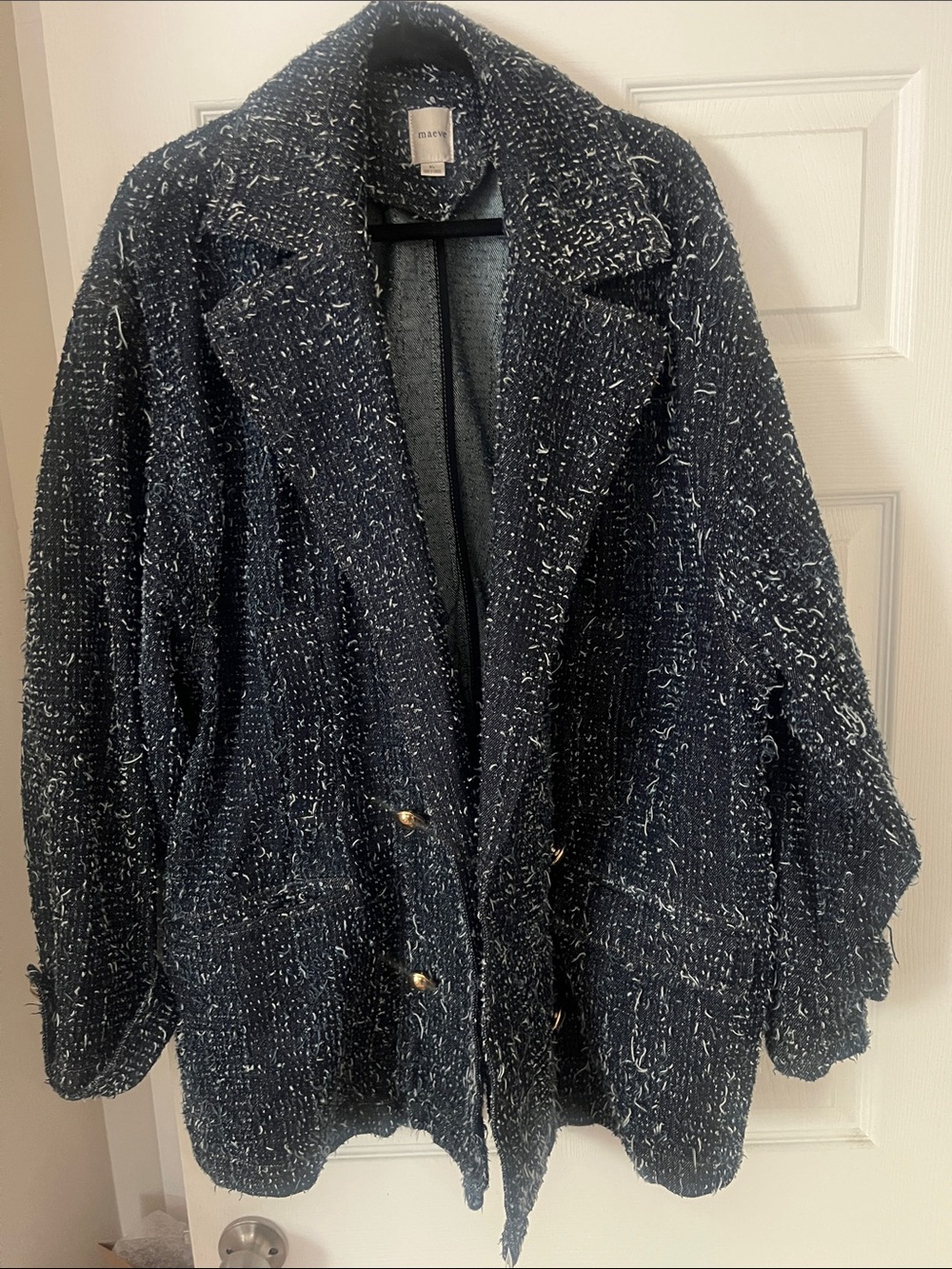 Anthropologie Denim Bouclé Blazer with Gold-Tone Buttons